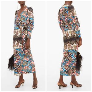 Rhode Aspen Abstract Scarf Print Puff Sleeve Wrap Midi Dress $675 XS